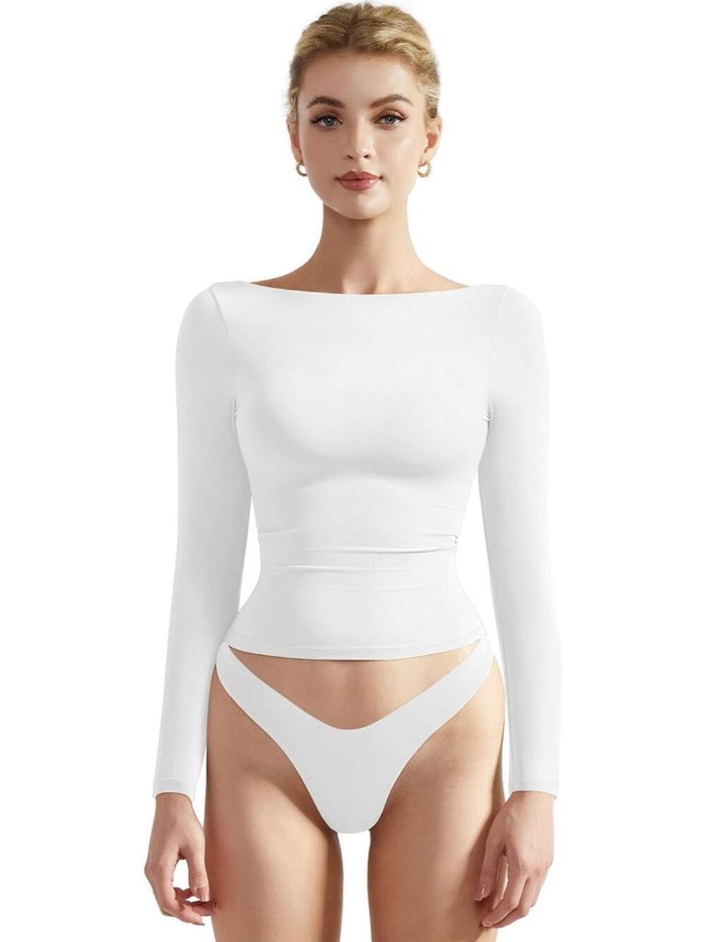 Women's Snow White Crew Neck Long Sleeve Crop Top Double Lined Fitted Shirt
